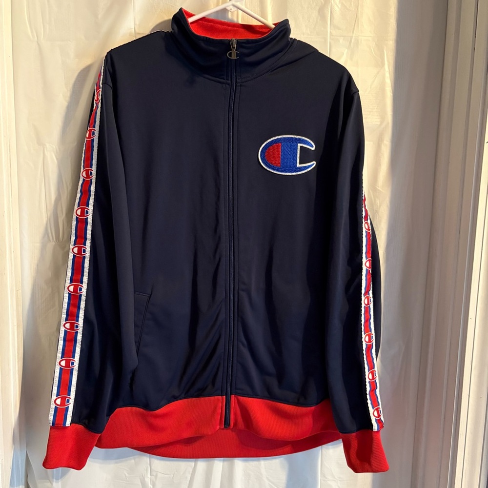 Champion Track Jacket Large C Logo Mens Sz XL Full Zip Blue Red Athleisure Sport